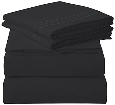 ROYALE LINENS 4 Piece Cal King Sheets Set Soft Brushed 1800 Microfiber Bedding 1 Fitted 1 Flat Sheet 2 Pillow Cases Wrinkle Free Fade Resistant Hotel Luxury Bed Sheets Black Cal King