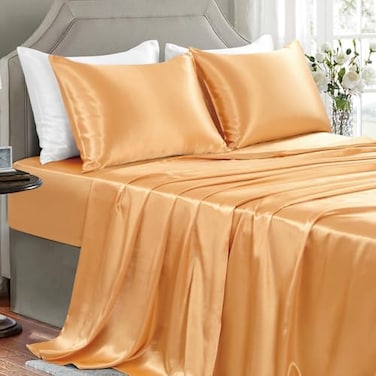 GOLAL Satin Sheets King Size 4 Pieces Luxury Silky Soft Bed Sheets WrinkleFree Gold Satin Silk Sheet Set with 1 Deep Pocket Fitted Sheet 1 Flat Sheet 2 Pillow Cases