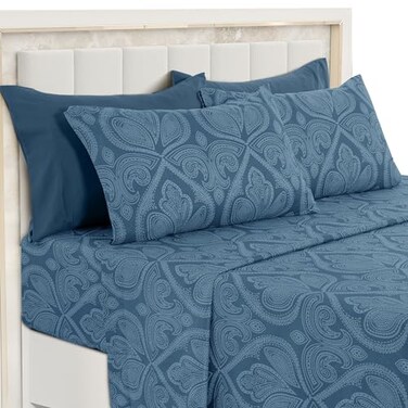 LDC LUX Ultra Soft WrinkleFree Microfiber Paisley Cal King Sheet Set Cute Floral Pattern Boho Print 16 Deep Pocket Fitted Sheet Flat Sheet 4 Pillowcases Breathable OEKOTEX Navy Blue