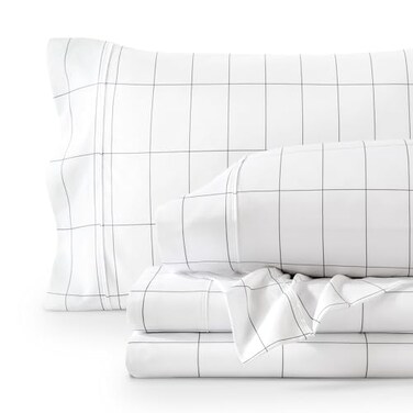 Bare Home Twin XL Sheet Set College Dorm Size Premium 1800 UltraSoft Microfiber Twin Extra Long Sheets Double Brushed Sheets Set Deep Pocket Bed Sheets Twin XL Grid WhiteGrey