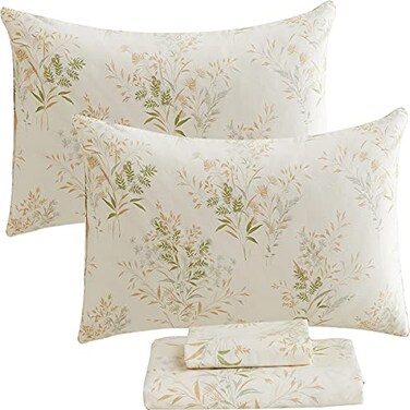 FADFAY Queen Bed Sheet Sets Floral Leaves Bed Sheet Set Premium 100 Cotton 600 TC Green Cream Flower Bedding Botanical Pastel Printed Soft Deep Pocket Fitted Sheet 4Pcs Queen