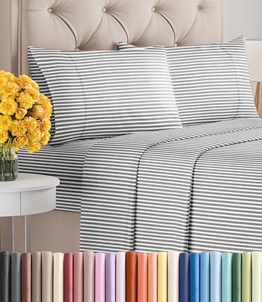 CGK Unlimited Full Size 4 Piece Sheet Set Ultra Soft Cooling Bed Sheets Fits 8 Inch to 16 inch Mattress Wrinkle Free Fade Resistant w Deep Pockets Breathable Comfy Hotel Luxury Bedding Grey Stripes