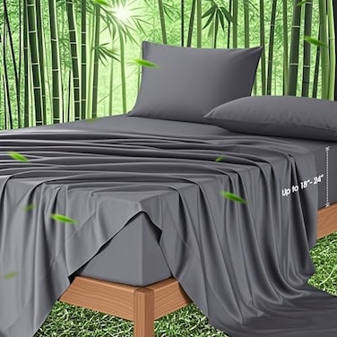 Ivellow Deep Pocket Queen Sheets Rayon Derived from Bamboo Extra Deep Pocket up to 1824 Hotel Luxury Cooling Sheets for Queen Size Bed Silky Soft Smooth Breathable Bed Sheets Grey