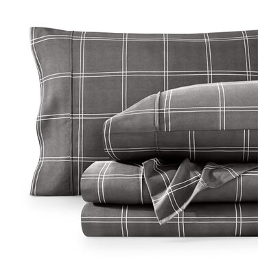 Bare Home King Sheet Set Luxury 1800 Ultra Soft Double Brushed Microfiber Deep Pockets Easy Fit 4 Piece Bedding Sheet Set King Modern Plaid GreyWhite