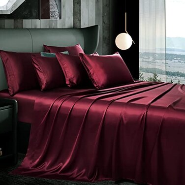 Manyshofu 7Pcs Burgundy Satin Sheets King Size Silky Satin Bed Sheets Set Luxurious Soft Bedding Set 1 Fitted Sheet 1 Flat Sheet 4 Pillowcases 1 Body Pillow case