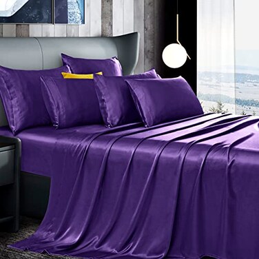 Manyshofu 7Pcs Dark Purple Satin Sheets California King Set Luxurious Soft Satin Bedding 1 Fitted Sheet 1 Flat Sheet 4 Pillowcases 1 Body Pillowcase