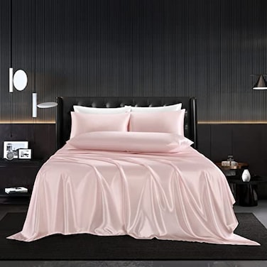 HommxJF 4Pcs Blush Pink Silk Twin Sheet Set Satin Bedding With 1 Flat Sheet 1 Deep Pocket Fitted Sheet 2 Pillowcases With Envelope Closure Silky Comforter Sheets
