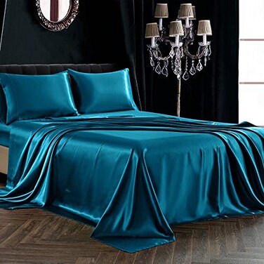 SiinvdaBZX 4Pcs Satin Sheet Set Full Size Ultra Silky Soft Teal Satin Full Bed Sheets with Deep Pocket 1 Fitted Sheet 1 Flat Sheet 2 Envelope Closure Pillowcases