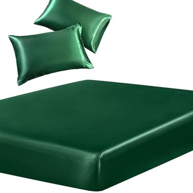 SiinvdaBZX 3Piece Set Satin Full Fitted Sheet 2 Pillowcase Emerald Green Silky Soft Fitted Bottom Sheet Wrinkle Free Fade Resistant Deep Pocket Bed Sheet Deep Up to 15