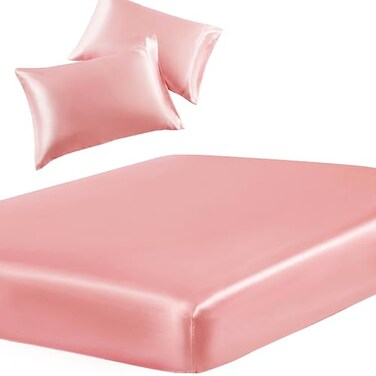 SiinvdaBZX 3Piece Set Satin Queen Fitted Sheet 2 Pillowcase Blush Pink Silky Soft Fitted Bottom Sheet Wrinkle Free Fade Resistant Deep Pocket Bed Sheet Deep Up to 15