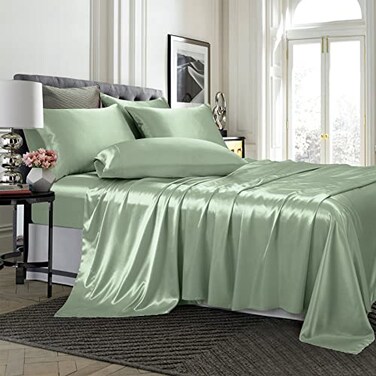 TREELY 6 Piece Satin Sheets Full Size Silky Smooth Sage Green Set With Deep Pocket Fitted Sheet Flat Sheet 4 Pillowcases