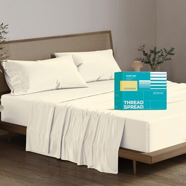 THREAD SPREAD Egyptian Cotton Sheets Queen Size 800 Series High Thread Count Bed Sheets Queen Size 4 PC Ivory 16 Deep Pocket Cooling Sateen Weave Euphoria Collection Luxury Hotel Bedding