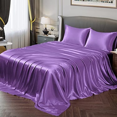 Vonty Satin Sheets Queen Silky Soft Satin Bed Sheets Purple Sheet Set 1 Deep Pocket Fitted Sheet 1 Flat Sheet 2 Pillowcases