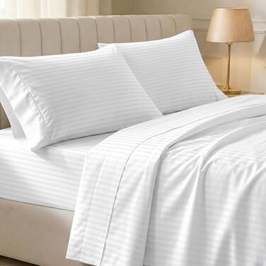 California Design Den Soft 100 Cotton Queen Sheet Set 400 TC Good Housekeeping Award Winner Silky Smooth Sateen Weave with Deep Pockets Breathable and Durable Cotton Bedding Set Striped White