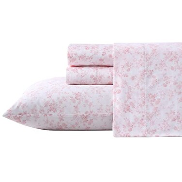 Laura Ashley King Sheet Set ButterySoft Bed Sheets with a Naturally Silky Smooth Cotton Sateen Lightweight Feel Matching Pillowcases Fitted Sheet Bella Pink