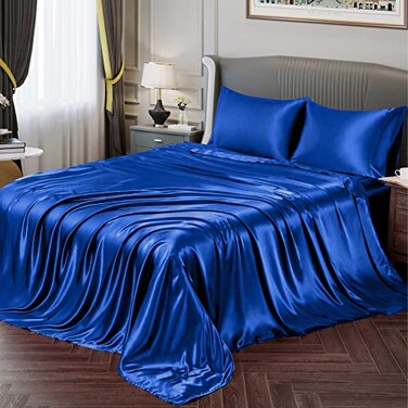 Vonty Satin Sheets Queen Silky Soft Satin Bed Sheets Royal Blue Sheet Set 1 Deep Pocket Fitted Sheet 1 Flat Sheet 2 Pillowcases