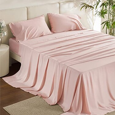 Bedsure King Size Sheets Set Cooling Sheets for Hot Sleepers Rayon Derived from Bamboo PureWoven Breathable Soft Deep Pocket Up to 16 Inches Hotel Luxury Silky Bedding Pink