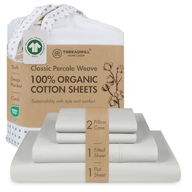 Threadmill 100 Organic Cotton Sheets Queen 4 Piece Light Grey Certified by GOTS Soft and Cooling Bedsheet Set with Reusable Bag Snug Fit with 16 Deep Pocket Ultra Light