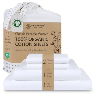 Threadmill 100 Organic Cotton Sheets for Queen Size Bed GOTS Certified Percale Sheets Queen Soft Cooling Sheet Deep Pockets 4 Piece Set