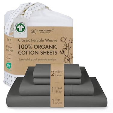 Threadmill Luxury Organic Cotton Sheets Certified by GOTS King 4 Piece Dark Grey Breathable Premium Sheet Set Smooth and Cool Bedding with Perfect Elastic Deep Pocket Fit