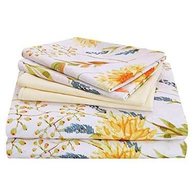 JSD 6 Piece Yellow Floral Print Sheet Set King Size Soft Botanical Microfiber Sheets and Pillowcases Deep Pocket