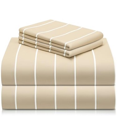LuxClub 4 PC Full Size Sheet Set Breathable Luxury Bed Sheets Deep Pockets 18 Wrinkle Free Cooling Machine Washable Hotel Bedding Striped Cream
