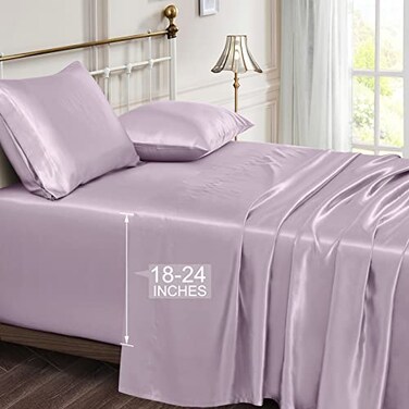 Vonty Satin Sheets Extra Deep Pocket Queen Sheet Sets Cooling Silky Satin Queen Size Sheets with 1824 Inch Deep Pocket Luxury Lavender Satin Bed Sheets Fit Up to 24 Deep Mattress 4 Piece