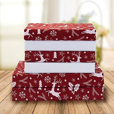 Elegant Comfort Holiday Printed 6Piece Sheet Set 1500 Thread Count Breathable and Super Soft Material Wrinkle Resistant Fitted Sheets with Smart Pockets 6PC Queen Burgundy Reindeer