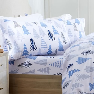 Market &amp; Market Place 100 Turkish Cotton Flannel Sheet Set 4 Piece Deep Pocket Novelty Cozy Winter Bed Sheets Double Brushed for Extra Softness Comfort Alpine Collection Full Blue Forest