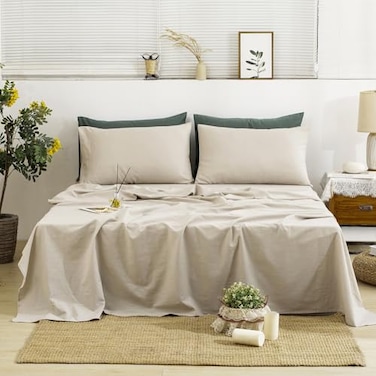 TUMEI 100 Linen Sheets California King 4Pcs French Linen Sheets Set Cal King Soft Durable 16 Deep Pocket 1 Fitted Sheet 1 Flat Sheet 2 Pillowcases Natural Linen California King Size