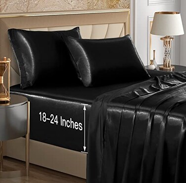 VACVELT 4pcs Extra Deep Pocket Satin Sheets King Size Bed Set Black Satin Sheet Set Fit 1824 Inch Deep Pocket Mattress Silky Luxury Satin Bedding Set Soft Ultra Deep Fitted Sheet Set
