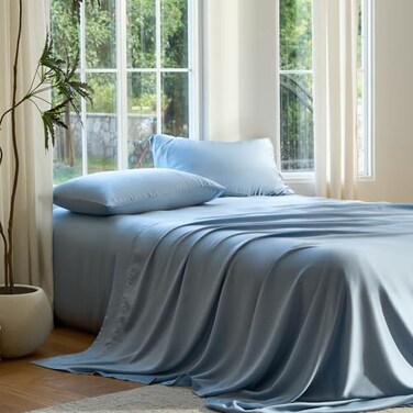 DOZ by DOZ Sheet Set 100 Viscose derived from Bamboo Organically Grown Buttery Soft Cooling Sheets High GSM Deep Pockets 4 Piece 2 Pillowcases 1 Fitted 1 Top Sheet Sky Queen