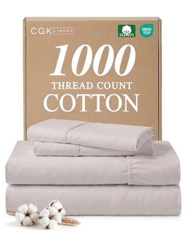 CGK Unlimited 1000 Thread Count Sheet Set 100 Cotton Bed Sheets Softer Than Egyptian Cotton 4Piece Light Grey King Set Soft Sateen Weave Hotel Luxury Bedding 16 Deep Pocket Fits up to 17 Mattresses