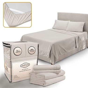 Abeero Home King Size Sheets Set Cooling Luxury Hotel Sheets Soft Bed Sheet with Elastic Corner Straps Deep Pockets Microfiber Bedsheet Bedding Sheet Pillowcases 4 Piece King Beige