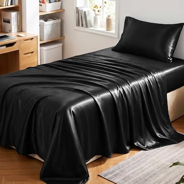 CozyLux Satin Sheets Twin XL Sheets Silky Soft Bedding Similar to Silk 3 Piece Extra Long Bedding Set for Hair and Skin Deep Pocket with AllAround Elastic Suitable for College Dorm Black