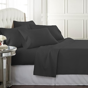Danjor Linens Bed Sheet Set King Size for Hot Sleepers Hotel Premium Sheets with 4 Pillowcases Lightweight Brushed Microfiber Deep Pockets Breathable Cooling 6 Piece Bedding Sets Black
