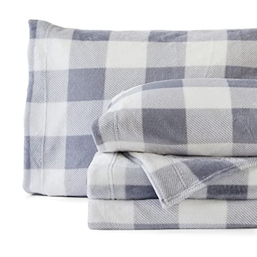 NY Loft Ultra Soft Micro Fleece Sheets Set with Extra Deep Pockets Extra Soft Velvet Fleece Sheet Set Super Plush Polar Fleece Velvet Plush Cozy Warmth Queen Plaid GreyWhite