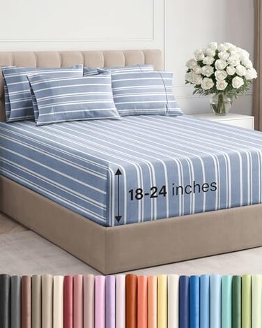 CGK Unlimited Extra Deep Queen Sheet Set 6 Piece Breathable and Cooling Sheets Hotel Luxury Bedding for Women Men Kids Teens Easy Secure Fit Soft and Wrinkle Free with Extra Deep Pockets Blue Stripes