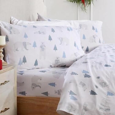 Market & Market Place 100 Turkish Cotton Flannel Sheet Set 4 Piece Deep Pocket Novelty Cozy Winter Bed Sheets Double Brushed for Extra Softness Comfort Alpine Collection Queen Polar Bears