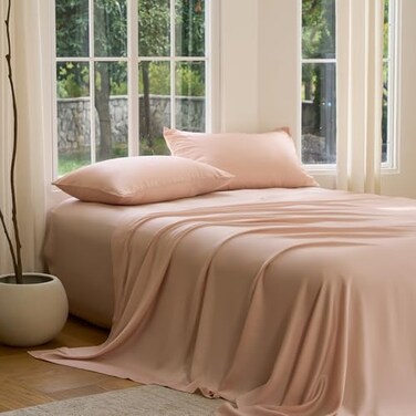 DOZ by DOZ Sheet Set 100 Viscose derived from Bamboo Organically Grown Buttery Soft Cooling Sheets High GSM Deep Pockets 4 Piece 2 Pillowcases 1 Fitted 1 Top Sheet Blush Queen