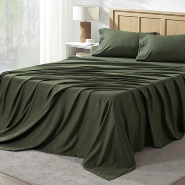 Andency King Size Sheets Set 4 Pieces Dark Olive Green Super Soft Sheets for King Size Bed Microfiber King Sheet Deep Pocket Up to 16 Hotel Luxury Breathable Cooling Bed Sheet Set
