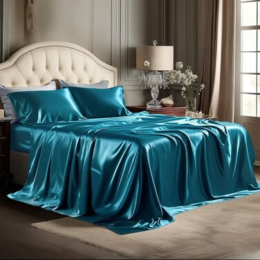 Bedsure Satin Sheets Full Size 4 Piece Silky Bedsheets with 15 Inches Deep Pocket Fitted Bedsheet1 Flat Sheet 2 Satin Pillowcases Good for Hair Skin Full Teal