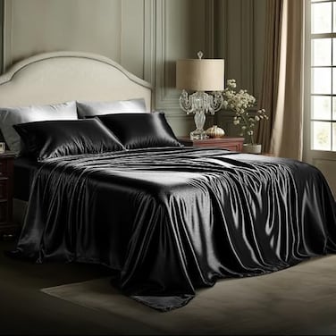Bedsure Black Satin Sheets King Size 4 Piece Silky Bedsheets with 15 Inches Deep Pocket Fitted Bedsheet1 Flat Sheet 2 Satin Pillowcases Good for Hair Skin King Black