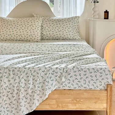 HYPREST Green Leaf Sheets Queen Deep Pocket Sheets 1800 Thread Count Leaf Bed Sheets Soft Breathable Cute Aesthetic Shabby Chic Bed Sheets OekoTex Certificated Up to 18 Inch
