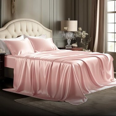 Bedsure Pink Satin Sheets Full Size 4 Piece Silky Bedsheets with 15 Inches Deep Pocket Fitted Bedsheet1 Flat Sheet 2 Satin Pillowcases Good for Hair Skin Full Peach Pink