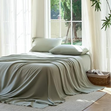 DOZ by DOZ Sheet Set 100 Viscose derived from Bamboo Organically Grown Buttery Soft Cooling Sheets High GSM Deep Pockets 4 Piece 2 Pillowcases 1 Fitted Sheet 1 Top Sheet Sage King
