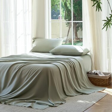 DOZ by DOZ Sheet Set 100 Viscose derived from Bamboo Organically Grown Buttery Soft Cooling Sheets High GSM Deep Pockets 3 Piece 2 Pillowcases 1 Fitted Sheet Sage Queen