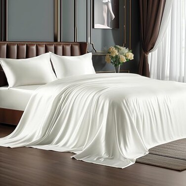 BEDELITE King Size Sheets Set Luxury Soft Ivory White 100 Polyester Sheets for Hair and Skin Similar to Silk Bed Sheets Set 4 Pieces with 1 Deep Pocket Fitted Sheet 1 Flat Sheet and 2 Pillowcases