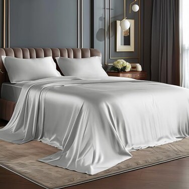 BEDELITE King Size Sheets Set Luxury Soft Grey Satin Sheets for Hair and Skin Similar to Silk Bed Sheets Set 4 Pieces with 1 Deep Pocket Fitted Sheet 1 Flat Sheet and 2 Pillowcases
