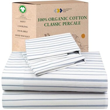 California Design Den King Bed Sheets Stripe 100 Organic Cotton Percale Sheets Deep Pocket King Sheets Pillowcase Set Blue Stripe